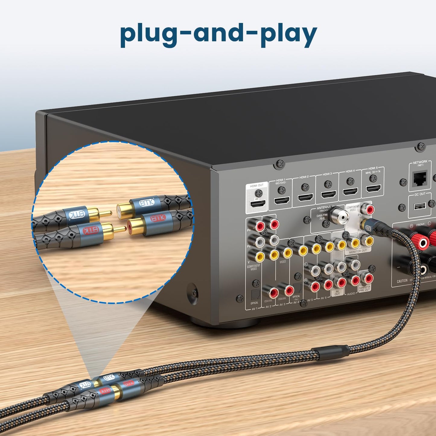 EMK RCA Splitter 1 Male to 2RCA Female Copper Shell Gold-Plated Y Adapter RCA Male to 2RCA Female Cable RCA Y Splitter Connectors Extension Cord 1ft/0.3m