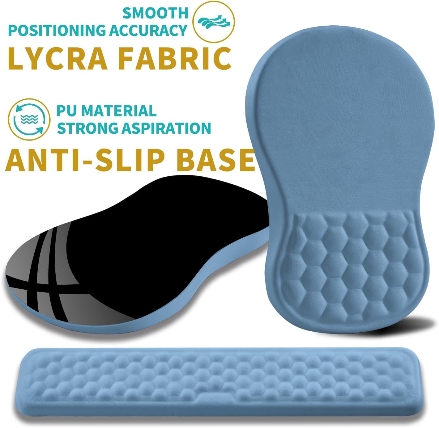 Hokafenle 2 in 1 Ergonomic Mouse Pad Wrist Support & Wrist Rest for Computer Keyboard Set, with Relieve Carpal Tunnel Pain Massage Bulge and Full Memory Gel Design (2In1 Set, Lake Blue)