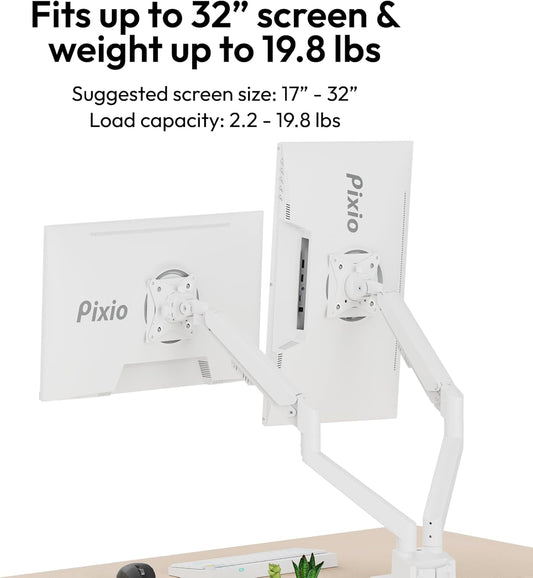 Pixio PS1D Wave White Dual Monitor Arm Stand Desk Mount - Fits up to 32 inches Monitors and up to 19.8lbs. VESA Compatibility and Integrated Cable Management