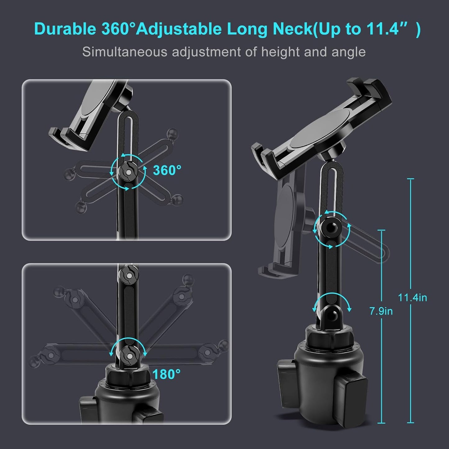 Cup Holder Car Tablet Mount, 360° Adjustable 2-Arm Stand Holder for iPad Pro 12.9/11/10.5/9.7/Air/Mini 6/5/4, Samsung Galaxy Tab/Z Fold 6/5, Amazon Fire HD, iPhone 16/15/14/Pro, 4.7-12.9" Tab & Phone