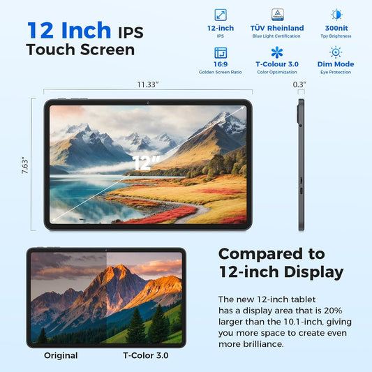 Tablet 12 inch Android 15 Tablets, 24GB(8+16)RAM+256 Storage(Expand to 1TB), Android Tablet with Keyboard, Octa-Core, 2K 2000x1200 Display, 16MP Dual Camera, 8000mAh, 5G WiFi,GPS,Bluetooth 5.0(Black)