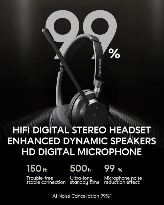 Wireless Headset with Mic for Work, Bluetooth 5.3, Advanced Noise Reduction Microphone, & HD Microphone & HiFi Stereo & Ultra Lightweight Comfortable Bluetooth Headphones for PC, Laptop, Phone,Zoom