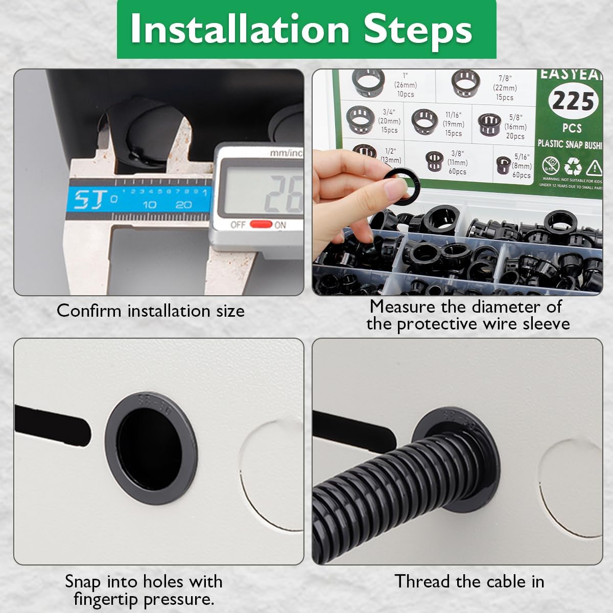 225 Pcs 8 Sizes Cable Snap-in Knockout Insulating Bushing Grommets Assortment Kit, 5/16, 3/8, 1/2, 5/8, 11/16, 3/4, 7/8, 1 Black Nylon Plastic Hole Grommets for Wiring, Cord Hose & Tubing