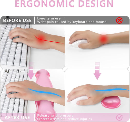 Gel Keyboard and Mouse Wrist Rest, Cute Wrist Support and Arm Support Keyboard Rest for Keyboard and Mouse Typing Pain Relief,Suitable for Office/Computer/Laptop/Gaming (Transparent Pink Set)