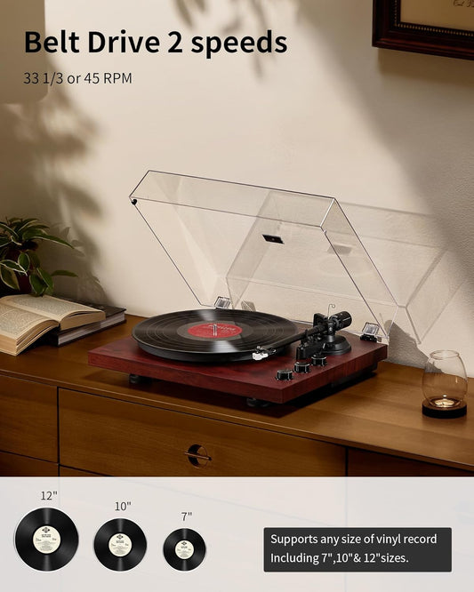 ANGELS HORN Vinyl Record Player Turntable with 2-Speed Belt-Drive, Bluetooth Output, Pitch Control, Built-in Phono Preamp, Adjustable Counterweight, AT-3600L