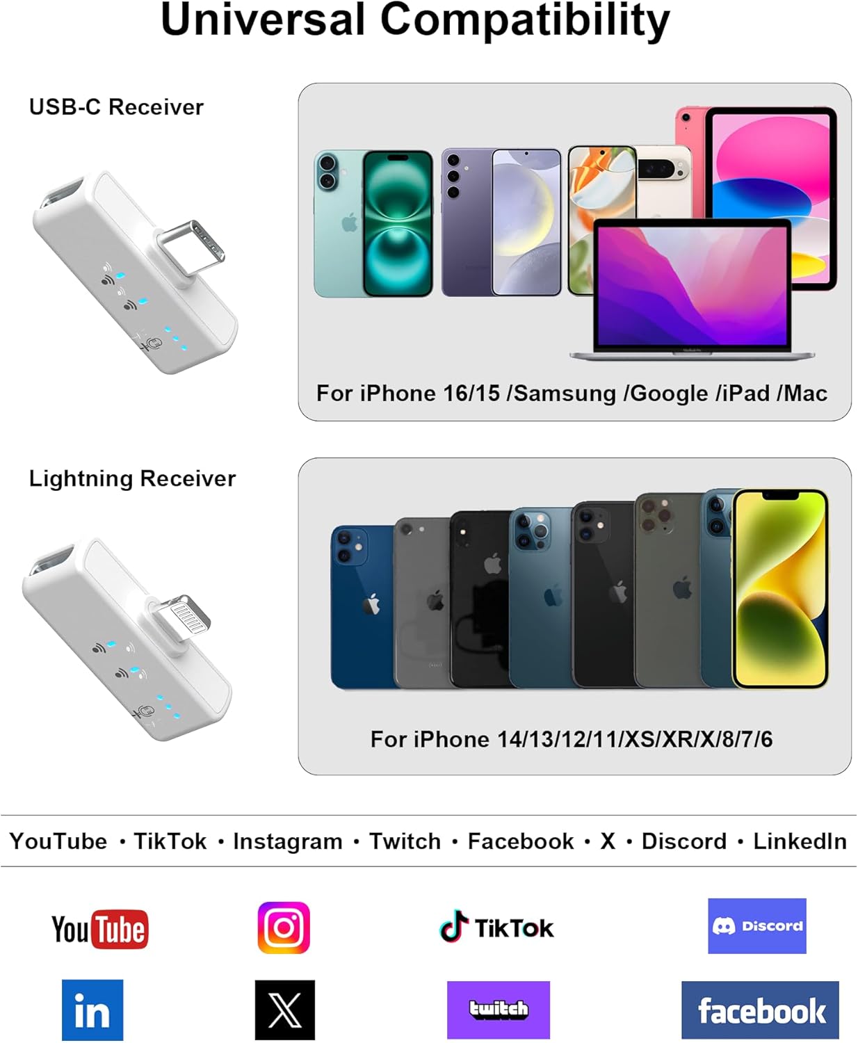 Mini Microphone for iPhone Android, Wireless Mic with 40H Battery, Noise Cancellation, 48KHz 16-Bit, 164ft Range, Magnetic & Clip on Lavalier Microphone for Video Recording, YouTube, Tiktok, Vlogging