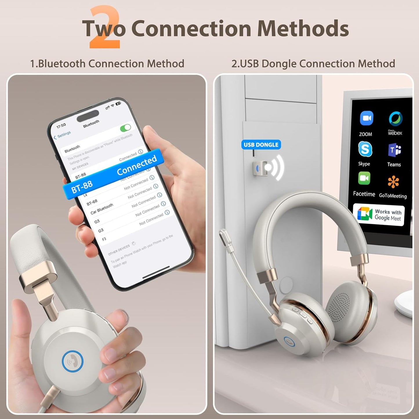 Wireless Headset, Bluetooth Headset with Microphone, AI Noise Canceling Mic & USB Dongle, 45 Hrs Working Time V5.3 Wireless Headphones with Mic Mute for PC/Laptop/Office/Call Center/Zoom/Home