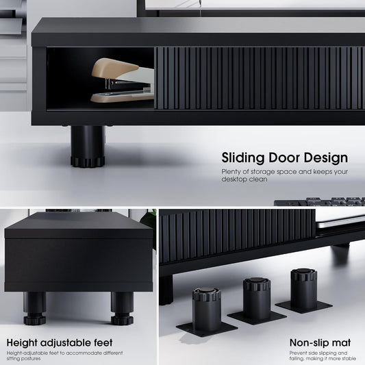 Fenge Dual Monitor Stand, 42.5inch Long Monitor Stands Riser for 2 Monitors, Sliding Door with Storage Organizer Stand for Desk, 2 Tier Desk Shelf for Laptop, Pc, Printer, Computer, TV