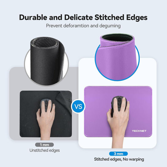 TECKNET Mouse Pad with Anti-fray Stitchin, Waterproof Surface & Non-Slip Rubber Base with Stitched Edges Gaming Mouse Mat for Laptop,Compatible with Laser and Optical Mice - Purple