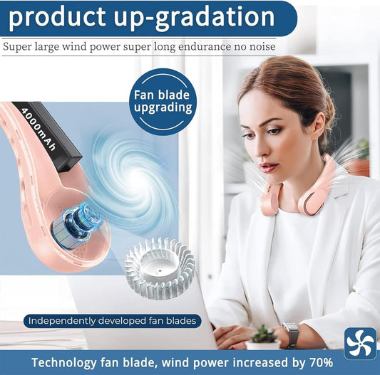 Portable Neck Fan, Neck Fans for Women, 4000 mAh Rechargeable Personal Fan,360° Hands Free Bladeless Fan, 3 Speeds Adjustable, Faster Cooling, Super Quiet, Suitable for Home, Office, Travel