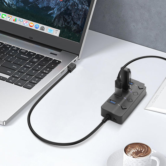 90 Degree USB Hub Splitter YACSEJAO USB 2.0 Data Hub with Individual LED Button On/Off Switch DC5.5 * 2.1 Power Port for Laptop,PC Computer (4 Ports, 0.3M)