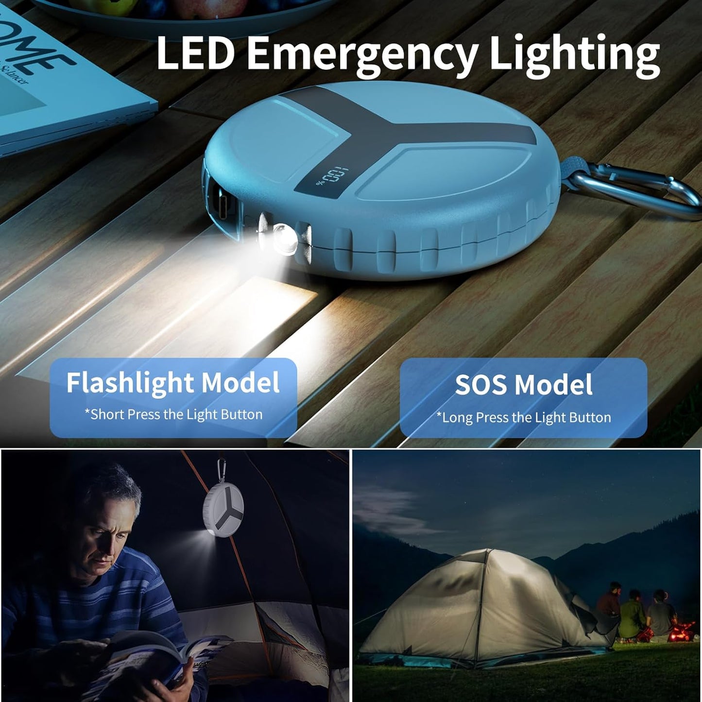 Vivilumens Rugged Power Bank Outdoor Charger 10000mAh USB-C Fast Charging Cable Retractable 25.5 inch Carabiner Wearable Smart Display & Flashlight Battery Pack for Hiking, Camping, Backpacking(White)