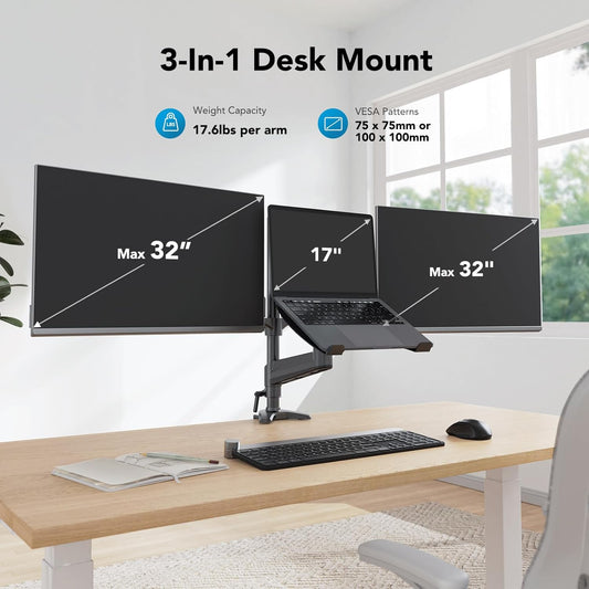 HUANUO Dual Monitor and Laptop Mount for Max 32” Monitor and 17” Laptop, Adjustable Spring Arm with Tilt, Swivel and Rotation, Dual Monitor and Notebook Stand with VESA Bracket 75/100 mm