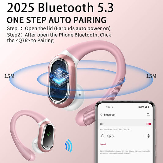 Wireless Earbuds, 2025 Bluetooth 5.4 Headphones Sport, Bluetooth Earbuds with ENC Noise Canceling Mic, 50H Stereo Wireless Headphones IP7 Waterproof with Earhooks, Dual LED Display for Workout/Running