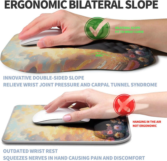 Ergonomic Raised Mouse Pad Wrist Support with Bilateral Slope Memory Foam Mousepad for Wrist Rest and Carpal Tunnel Pain Relief 11.8x7.9〃Flower Sea Cat