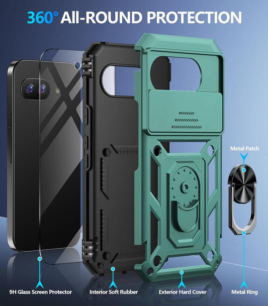 Taisairu for Google Pixel 9A Case with Screen Protector & Slide Camera Lens Cover,Built-in 360°Rotate Magnetic Ring Stand Shockproof Protective Phone Case for Google Pixel 9A Case (Green)