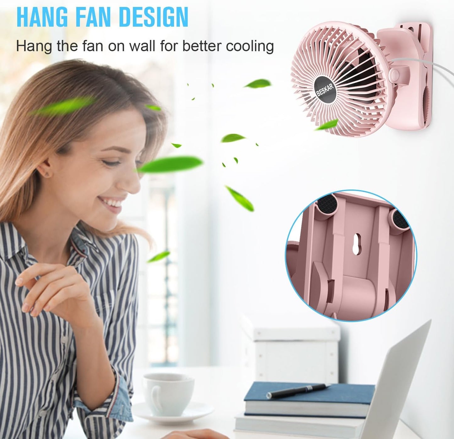 BESKAR Small Clip on Fan, 3 Speeds USB Fans with Strong Airflow, Clip & Desk Fans USB Plug in with Sturdy Clamp - Ultra Quiet operation Fan for Office Dorm Bedroom Stroller