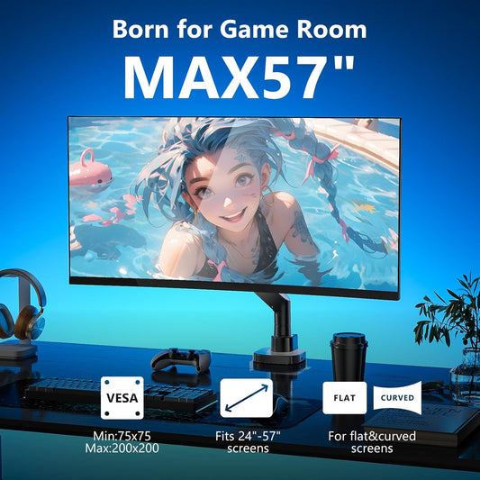 WALI 24-57" Monitor Arm, Heavy Duty Gas Spring Desk Mount for Ultrawide Flat and Curved Screen Up to 59.4lbs, VESA 75x75 to 200x200 (GSMU001XL-P), Black