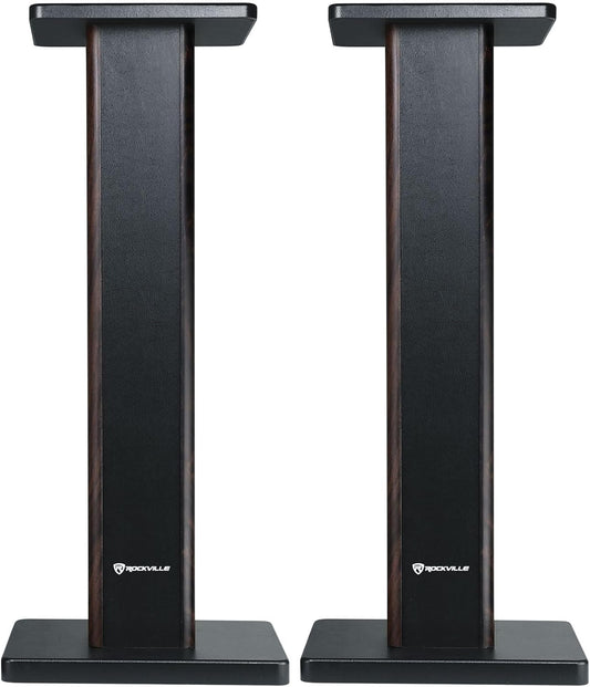 Rockville Pair RHT28D 28" Bookshelf Speaker Stands, Dark Wood Grain, 60 lbs Capacity, Sand-Fillable Design, Dual Platform Sizes, Anti-Slip Pads, for Home Theater and Studio Monitors