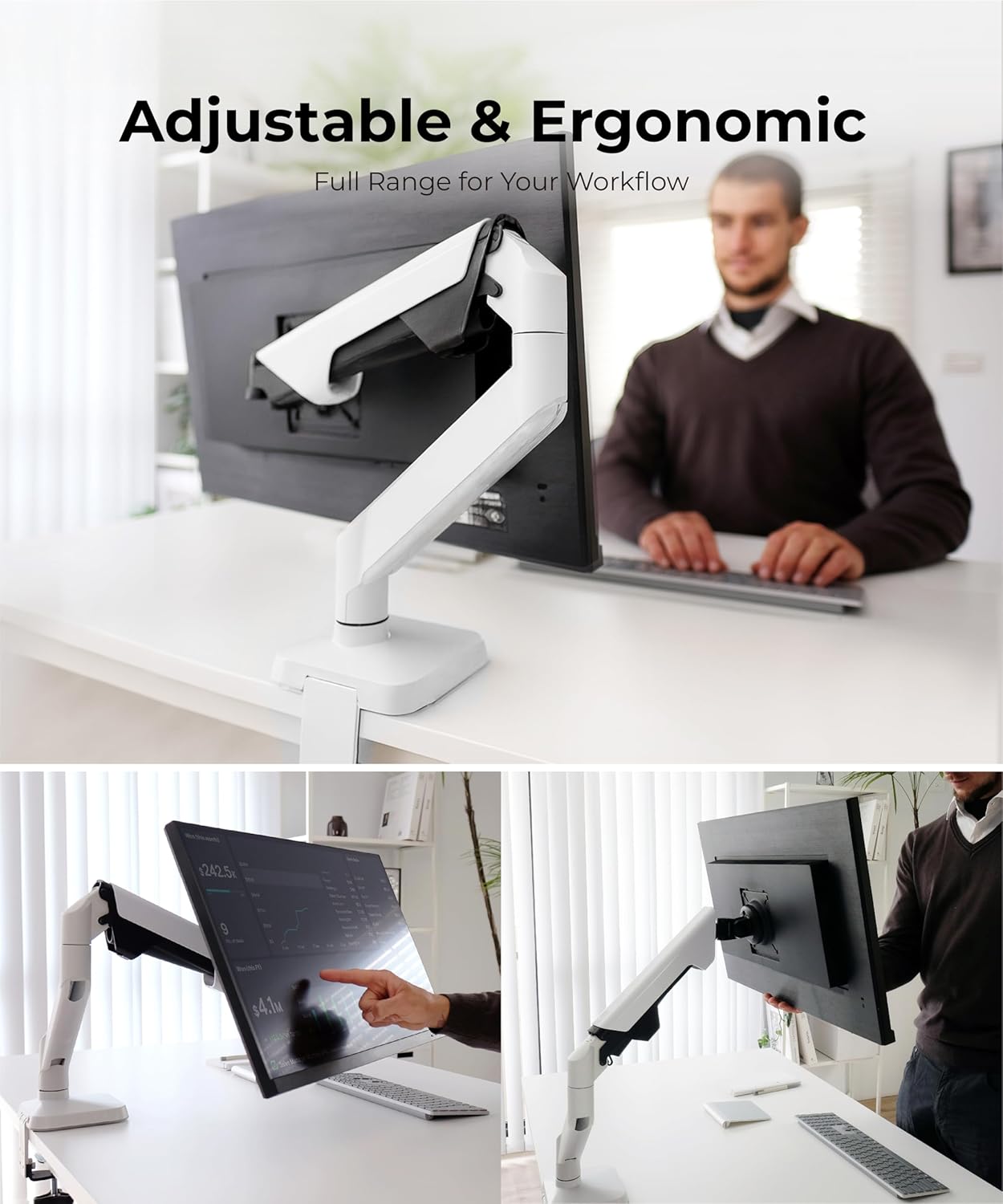 Heavy Duty Monitor Arm Desk Mount for 34 to 49 Inch Ultrawide Curved Flat Monitors, Supports 14 to 38 lbs, Smooth Gas Spring Movement, VESA 75x75/100x100, White, Classic