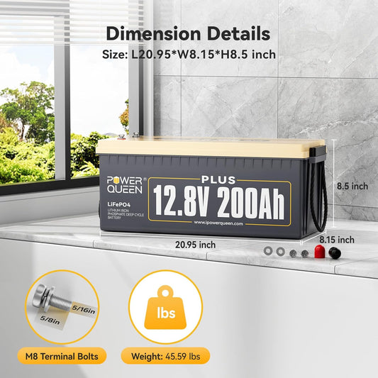 Power Queen 12V 200Ah PLUS LiFePO4 Battery, Built-in 200A BMS, 2560Wh Lithium Battery,Up To 15000 Cycles, Deep Cycle Battery for Off-Grid and Home Solar System, Marine, Trailer RV