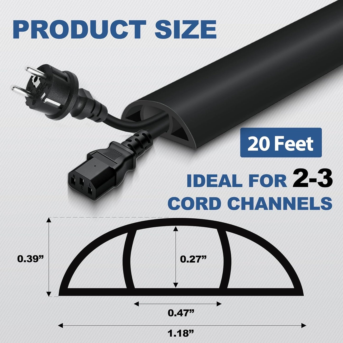 Floor Cord Cover for Wires on Floor Self Adhesive Cord Hider Floor Cable Management Wire Covers for Cords Protector Prevent Cable Trips Cord Cavity W 0.47" x H 0.27", Black, 20Ft