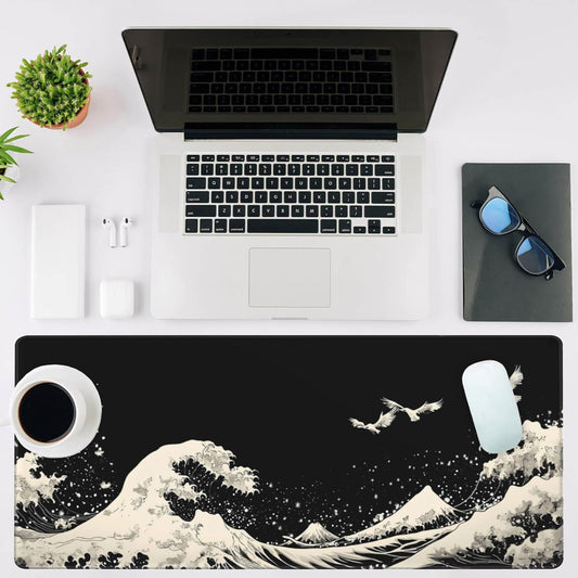 Mouse Pad Large White Wave Non-Slip Gaming Desk Mat with Stitched Edge Laptop Keyboard Desk Pad for Work Home Gaming (35.4 x 15.7 Inches)