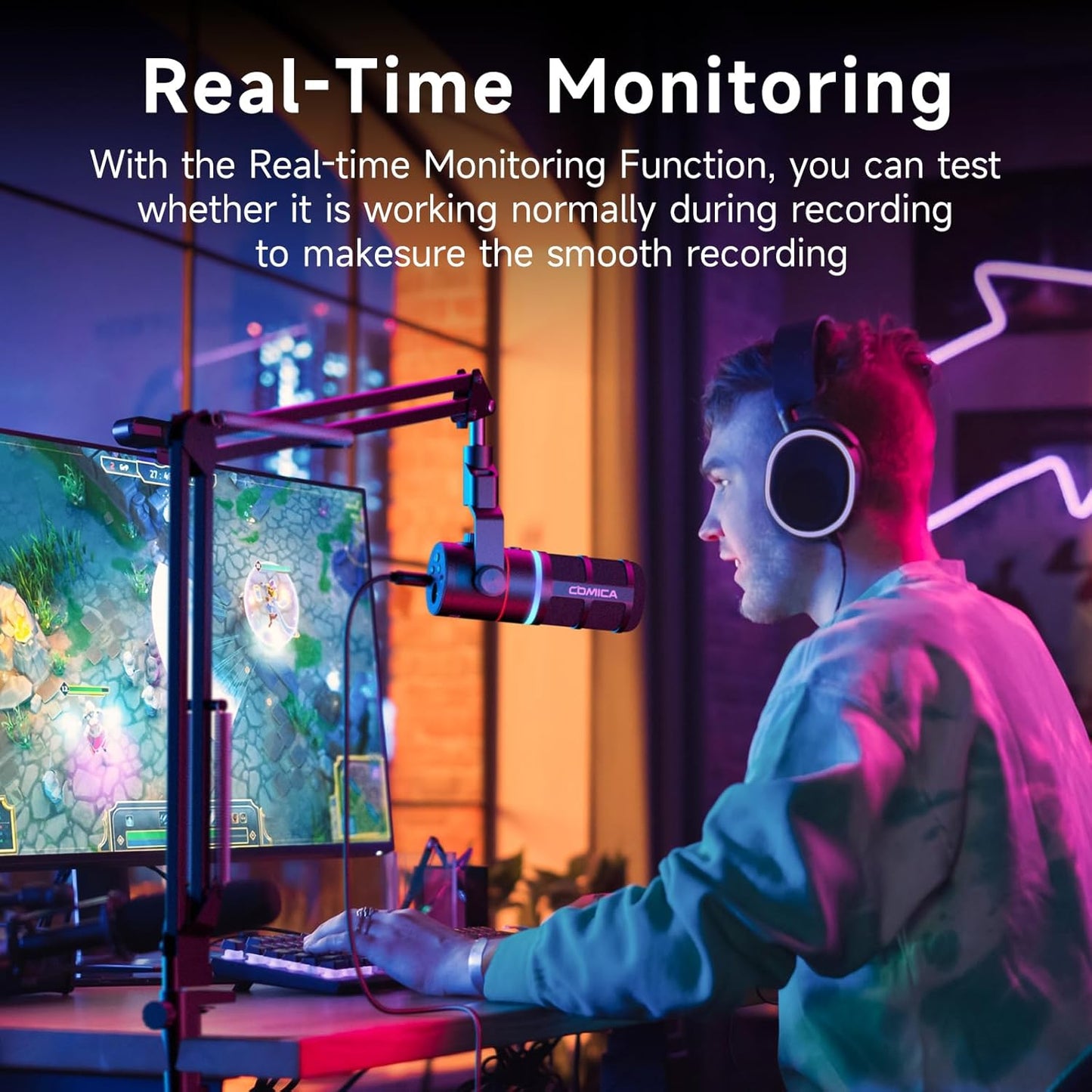 EJoy D10 PRO(A) USB Wireless Gaming Microphone – Boom Arm Mic with Wired/Wireless Modes, XLR/USB-C, Real-Time Monitoring, 45H Battery, RGB Dynamic Mic for Gaming, Streaming, Podcast, Recording (Black)