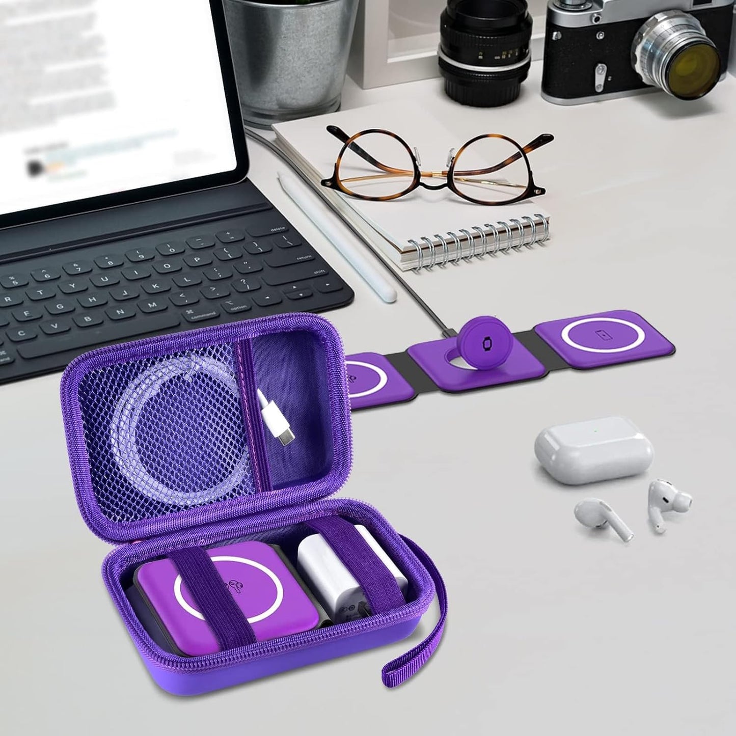 Travel Case for UCOMX for Nano/for Iseyyox/for LISEN/for RTOPS 3 in 1 Wireless Charger, Foldable Magnetic Charging Station Storage Holder Bag for Fast Charge Pad Cable and Adapter, Purple-Box Only