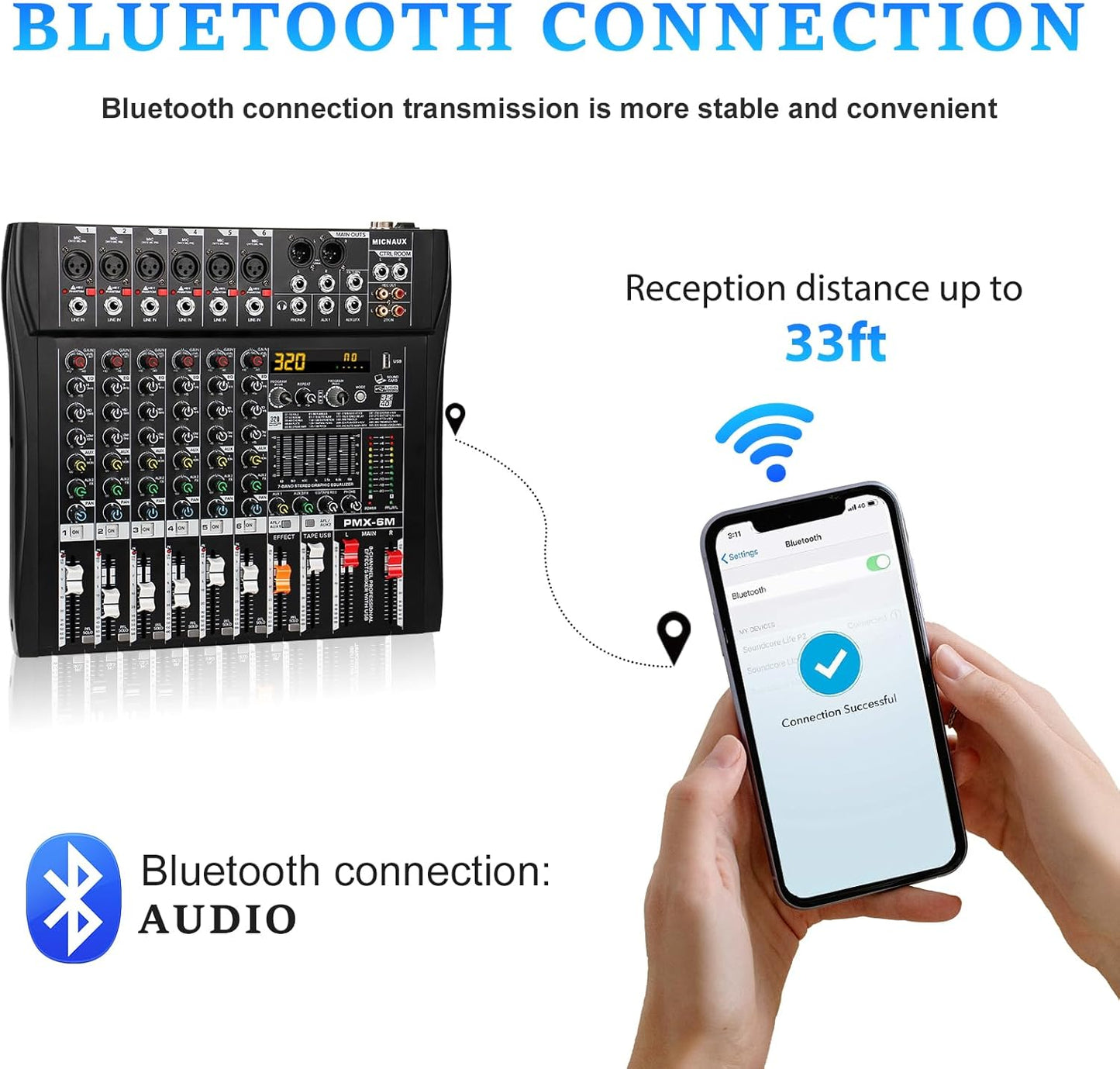 Audio Mixer 6 Channel Professional Mixer Console with 320 DSP Effects, 7-band EQ Sound Mixing Board Digital DJ Mixer w/USB Bluetooth MP3 for Recording, Independent 48V Power & Mute Button