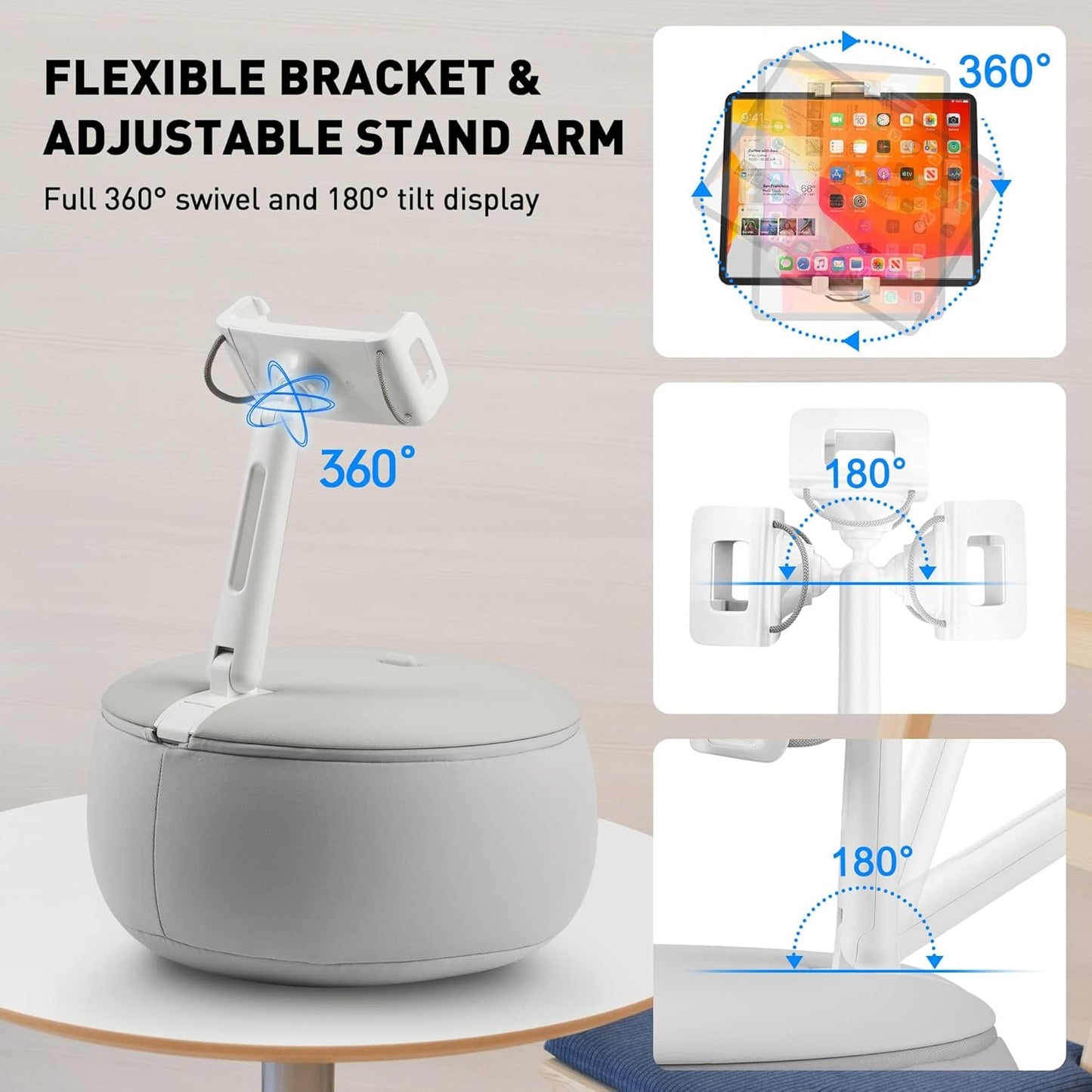 AboveTEK Tablet Pillow Stand Holder for Bed – Ideal Gift for Mom, Hands-Free 360° Swivel iPad/Kindle Pillow Stand for Wife, Grandma – Soft Bean Bag Lap Tablet Holder for 4.7"-12.9" Devices (Grey)