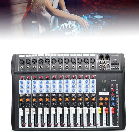 12 Channel Audio Mixer, DJ Soundboard Sound Mixer Console with Xlr, Line Inputs & 48V Phantom Power, Studio Audio Mixer KTV Sound Mixing Console for Professional and Beginners (12-Channel)