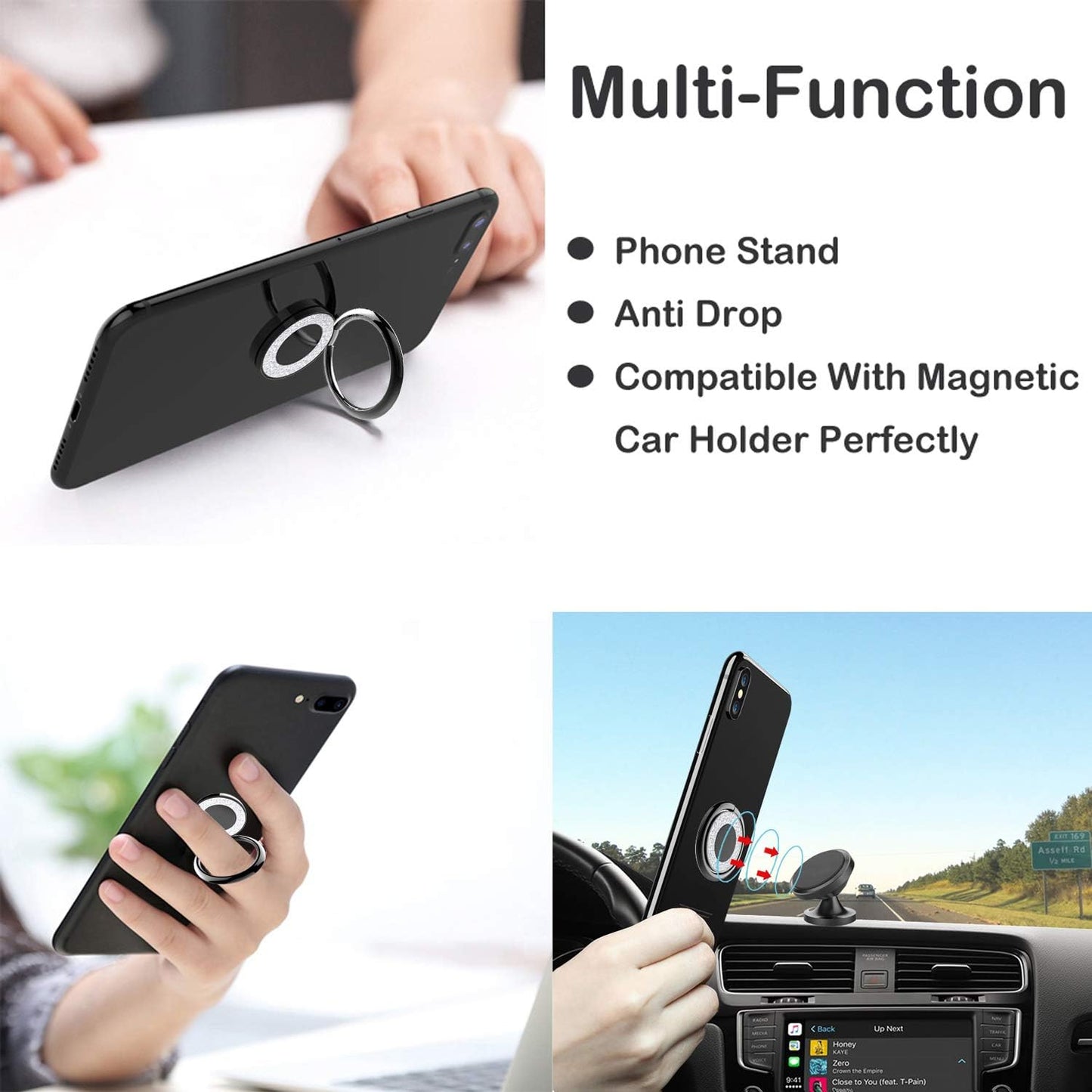 Cell Phone Ring Holder Stand, Cell Phone Grip Holder, Adhesive Phone Grip for Phones and Cases. (Glitter Black)