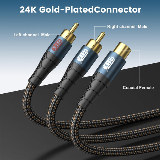 EMK RCA Splitter 2 Male to Female Extension Cable Dual Shielding Gold Plated Nylon Braided RCA Splitter 1 Female to 2 Male Cord Adapter 1ft/30CM