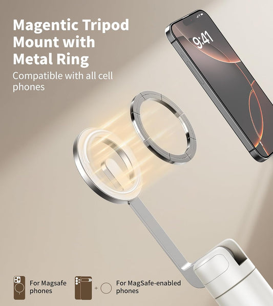 TONEOF 68" Magnetic Selfie Stick Tripod with Aluminum Strong Magnetic Holder for Magsafe, 360° Rotatable Travel Phone Tripod Stand with Metal Ring & Rechargeable Remote for iPhone/Android(Beige Gray)