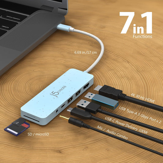 j5create USB-C Multi-Port Hub with Power Delivery with 4K HDMI/2 USB-A 5Gbps/PD 100W Charging SD&Micro SD/3.5mm Audio | for MacBook Pro&Air/iPad Pro/iMac/Surface/XPS/Thinkpad/Galaxy/and More(JCD373EW)