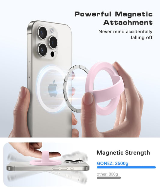 GONEZ Magnetic Phone Grip Compatible with MagSafe, Removable Silicone Loop Grip, Phone Ring Holder for Back of Phone for iPhone 16/15/14/13/12 Series, Pastel Pink