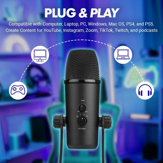Movo UM700 Computer Condenser USB Gaming Mic with Adjustable Pickup Patterns - Microphone for PC, PS5, Podcasting, Streaming, ASMR