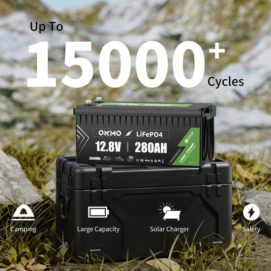 OKMO 12V 280Ah LiFePO4 Lithium Battery Built-in 150A BMS Low-Temp Protection for RV, Solar/Off-Grid Applications, Home Energy Storage, Marine