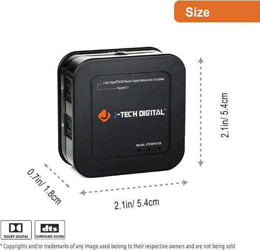 J-Tech Digital Optical Splitter 1 in 3 Out for TV, Toslink Splitter 1x3 SPDIF Audio Splitter 1:1 Transmission Support LPCM2.0, DTS, Dolby Digital