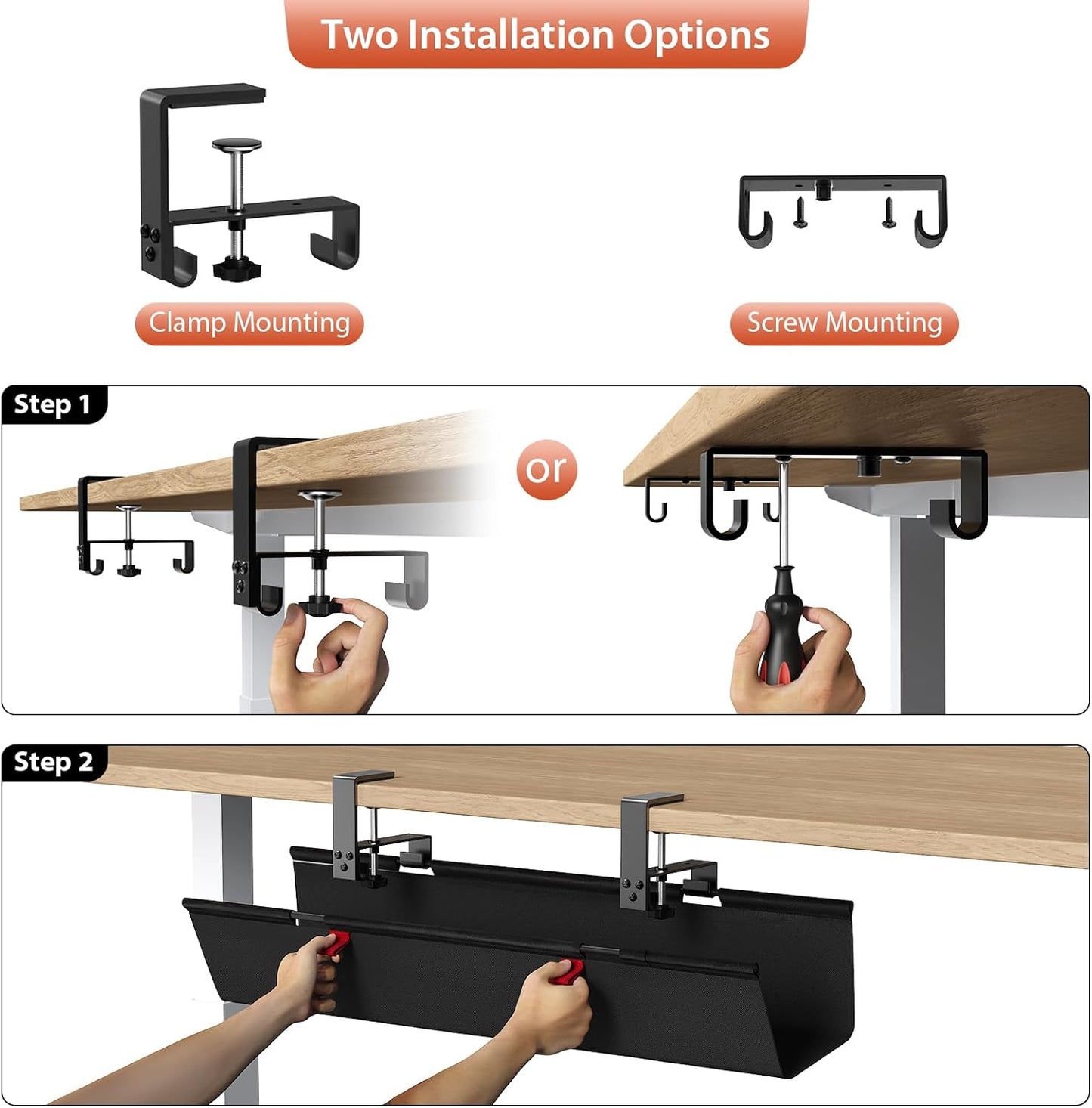 Univivi No Drill Under Desk Cable Management Tray, 28" Cord Organizer for Table, Clamp/Screw Mount Desk Cable Management, Premium Fabric Cable Management Tray for Office, Home