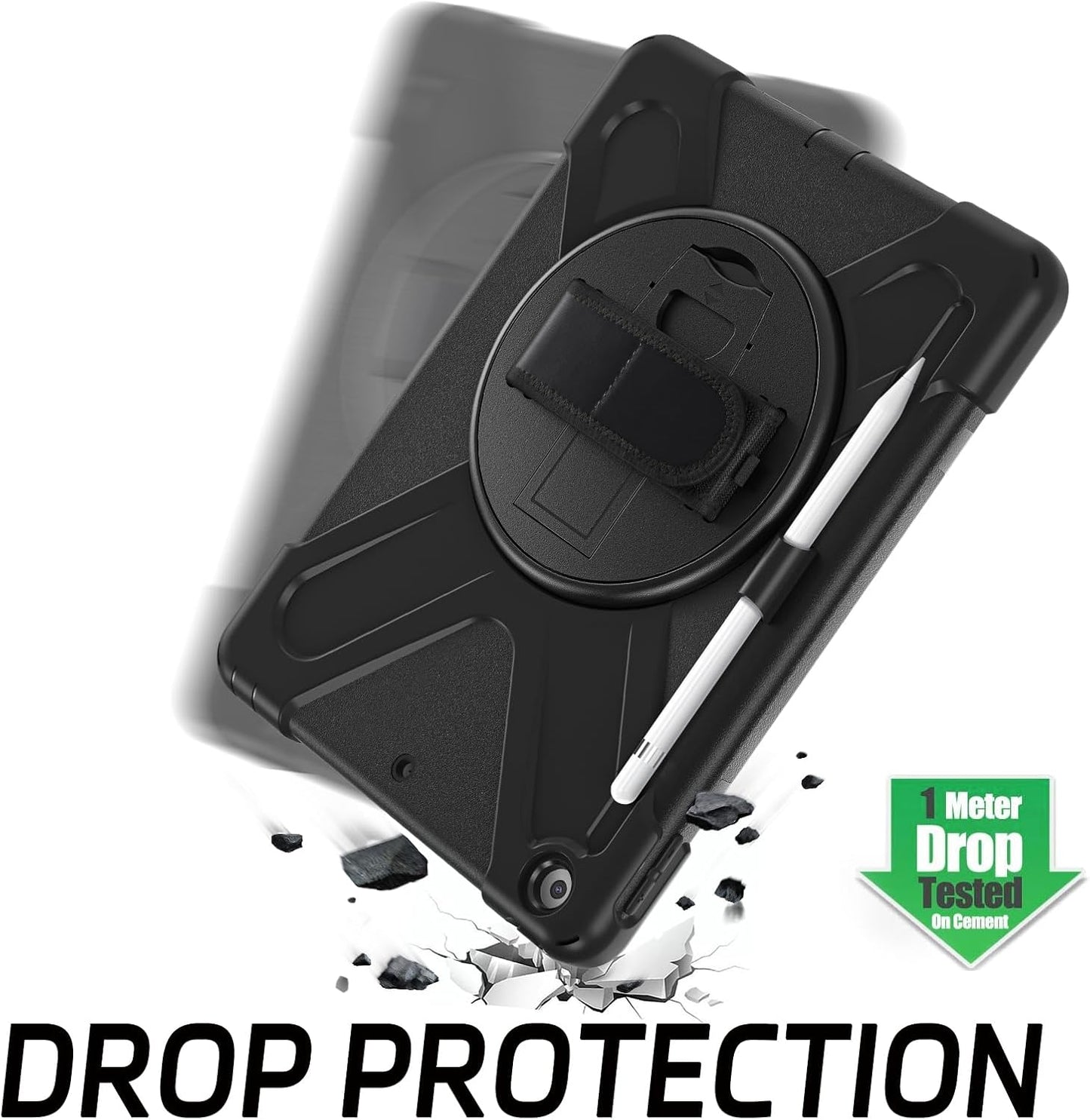 ZenRich Shockproof Case for iPad 9th/8th/7th Generation 10.2 inch 2021/2020/2019, Heavy Duty Rugged Case with Pencil Holder/360ยฐ Rotating Kickstand/Handle/Carrying Strap, Black