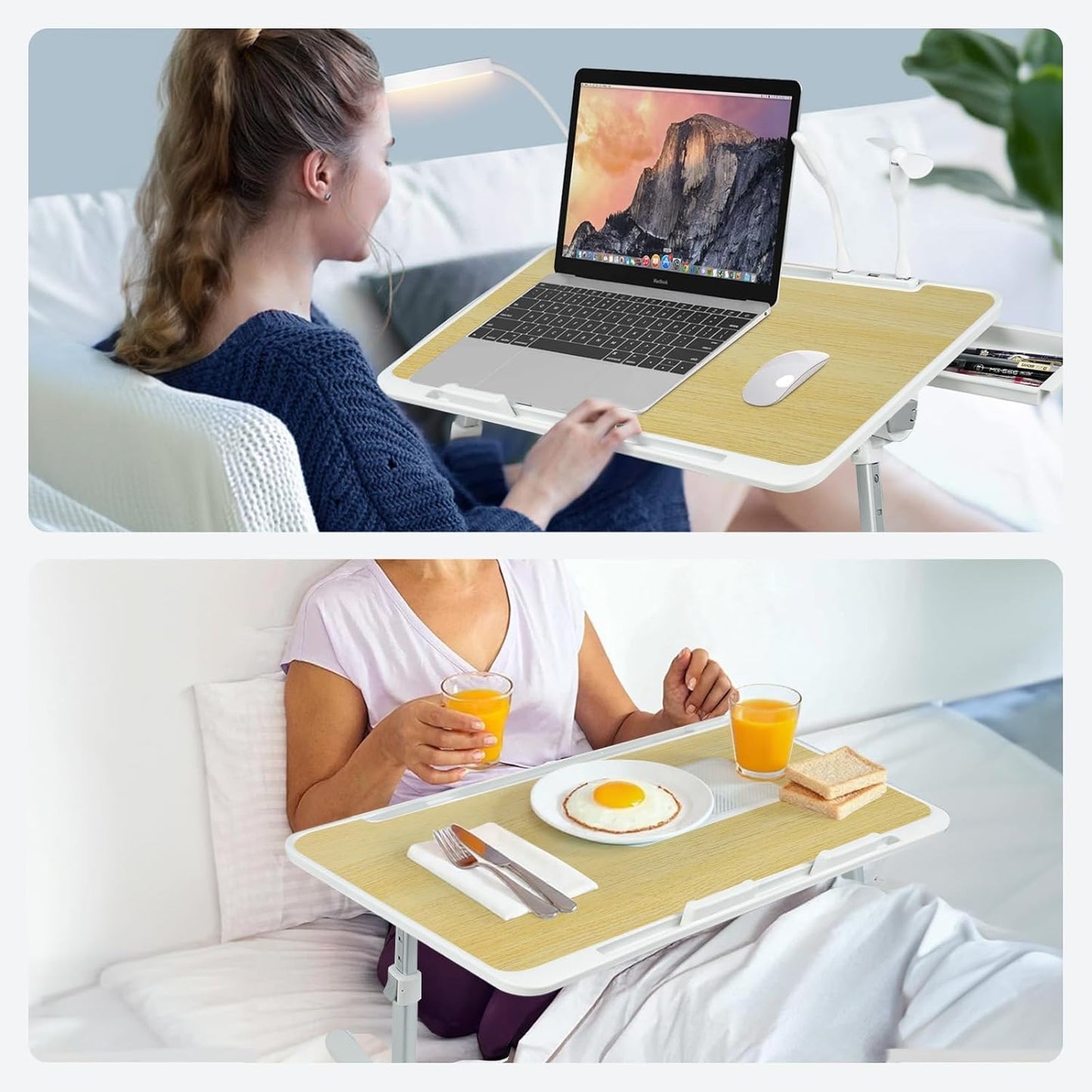 Laptop Lap Desk Include Cooling Fan,Adjustable Lap Desk with Light Fan,Folding Laptop Desk for Bed with USB,Bed Desk with Storage Drawer 56x32cm,White Oak