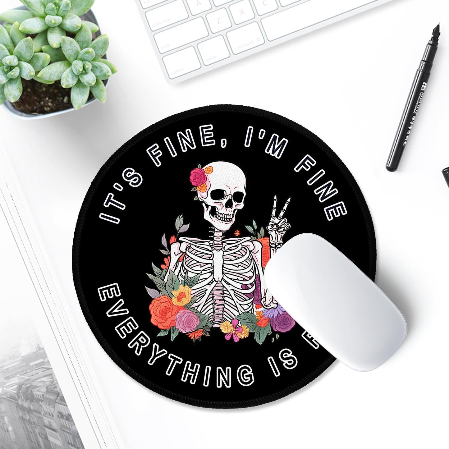 ITNRSIIET Round Mouse Pad with Stitched Edge Premium-Textured Waterproof Non-Slip Rubber Base Desktop Protection Mat Diameter 8.7 inches, Flower Skull