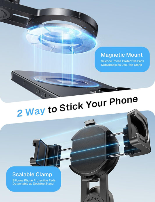 MAGIC JOHN Phone Tripod with 2 Selfie Light, Portable Pocket Size Selfie Stick for iPhone Magsafe, Selfie Stick with Wireless Detachable Remote Control for Photograph, Live Streaming, Video Recording