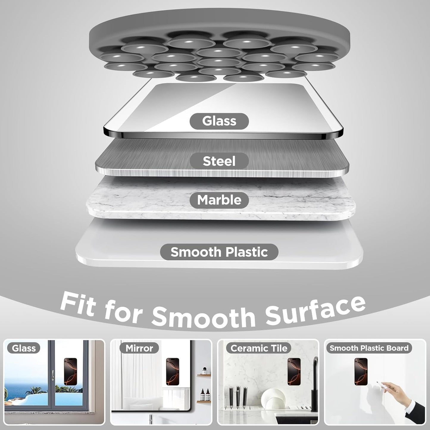 Magnetic Suction Cup Mount for MagSafe Case, Silicone Hands-Free Grip Holder for iPhone and Android, Mirror Shower Phone Stand for Makeup FaceTime Gym Kitchen Bathroom, Gray