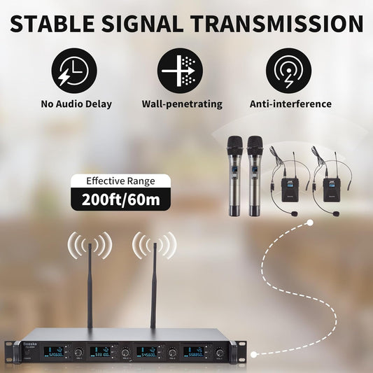4 Channel Wireless Microphone System UHF 2 Cordless Handheld Mics and 2 Lavalier Headset Mics for Karaoke Church Speaking Conference Meeting Party, 4x25 Adjustable Frequency (2 Handheld + 2 Bodypack)