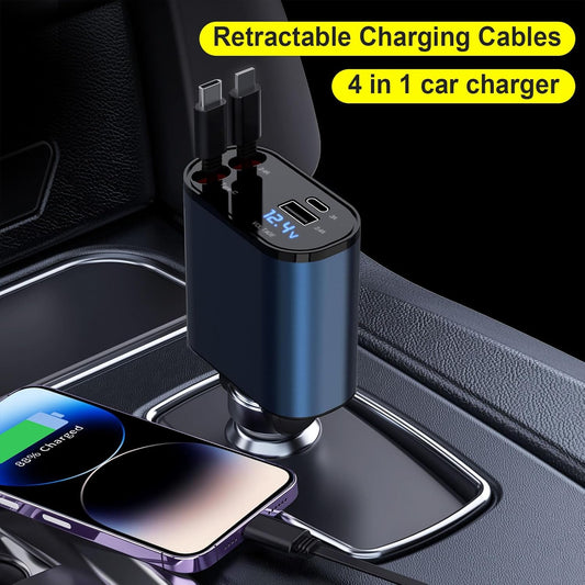 Retractable Car Charger Compatible with Galaxy Pixel, 4 in 1 Fast Charging 60W, Retractable Phone Charger for Car Retractable Cable and 2 USB Ports