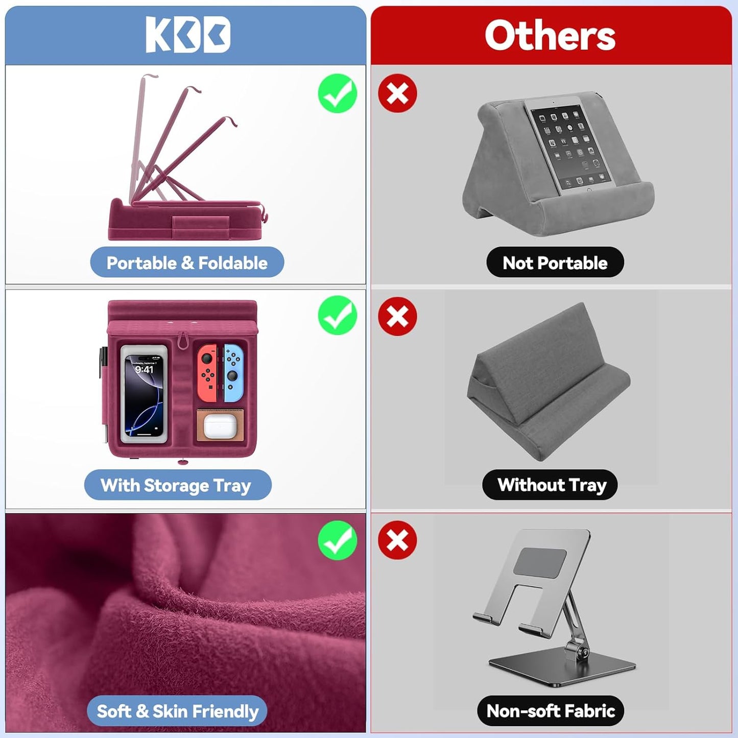 KDD Tablet Pillow Stand with Storage, Foldable iPad Holder for Lap, Desk and Bed, Angle Adjustable Soft Pad Dock with Stylus Mount Compatible with iPad Pro, Air, mini, Book, Phone and Tablet (4-13")