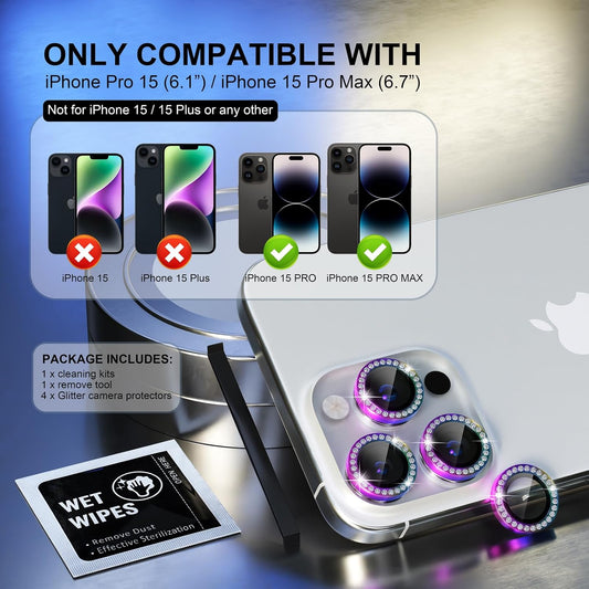 Choiche Compatible for iPhone 15 Pro/iPhone 15 Pro Max Camera Lens Protector Bling, 9H Tempered Glass Camera Cover Screen Protector Metal Ring Decoration Accessories (Diamond-Colorful)